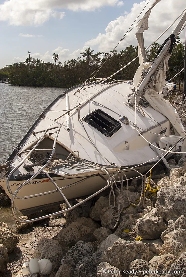 Shipwrecked sailboat near Miami, FL. Not properly moored, this boat wound up not only where it didn't belong but significantly damaged.