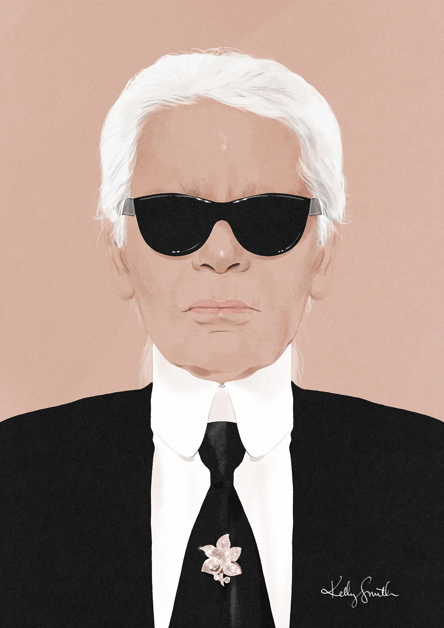 Illustration of Karl Lagerfeld in signature sunglasses with a tie and Chanel brooch.