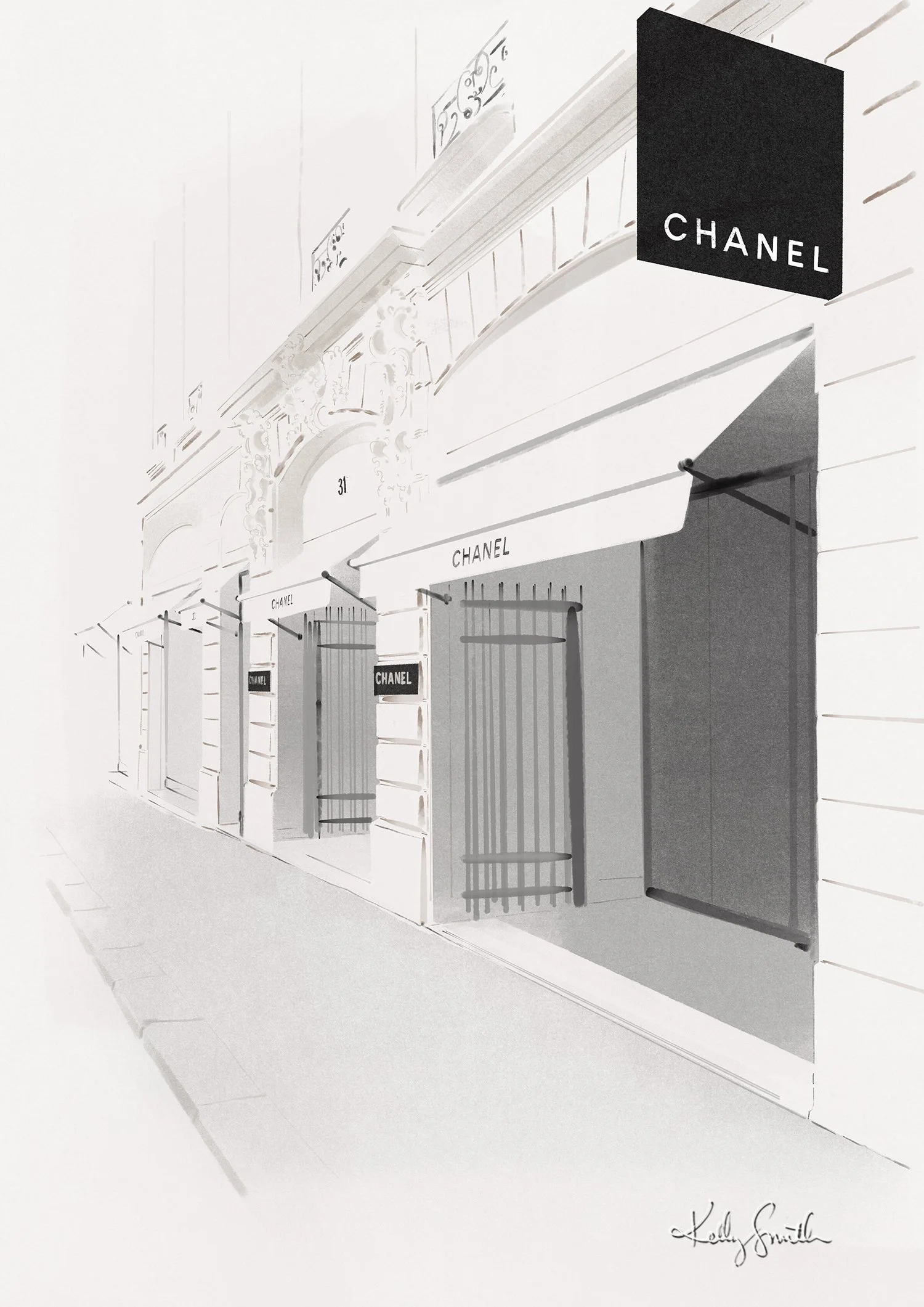 Illustration of 31 Rue Cambon, the Chanel flagship store in Paris.