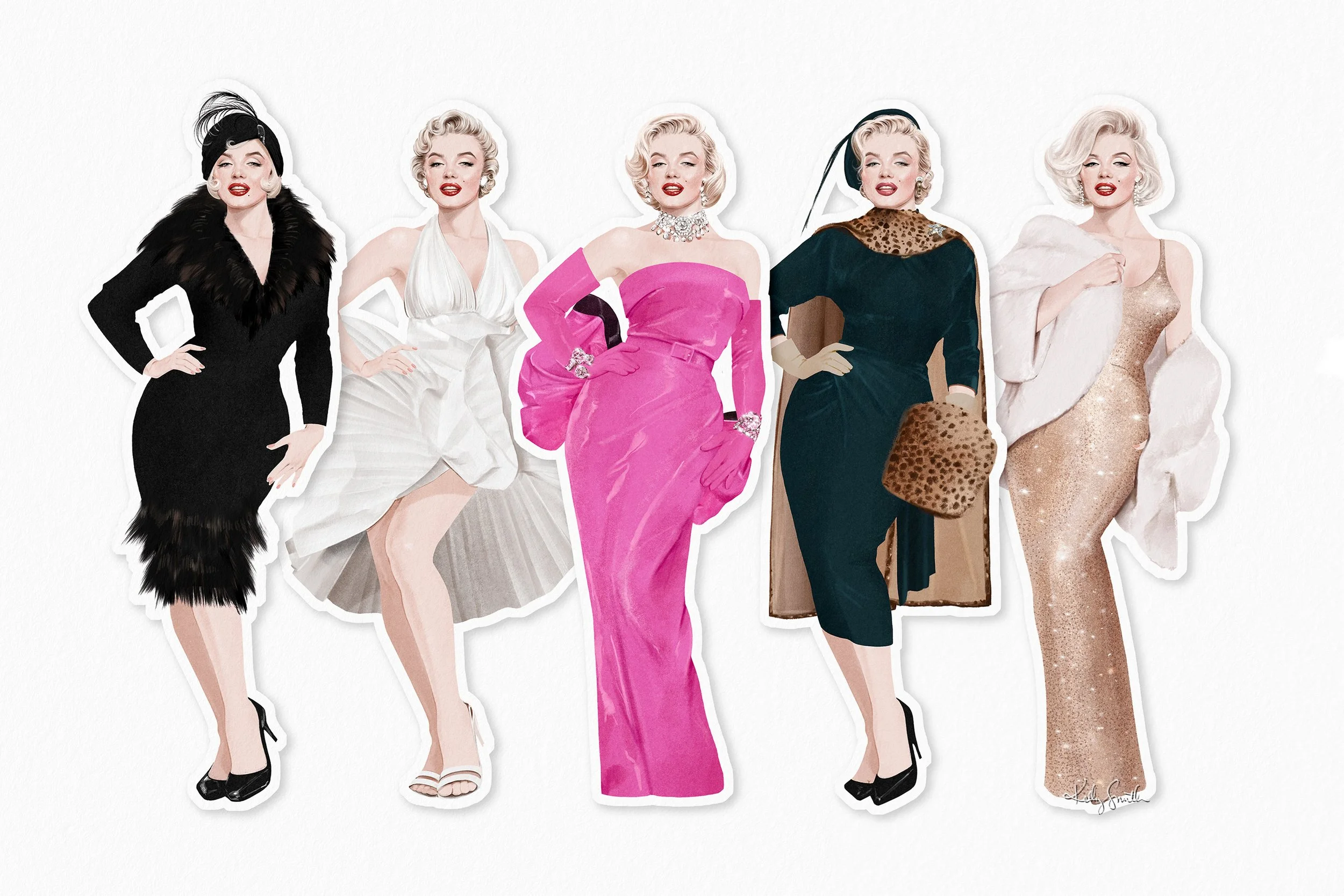 Marilyn Monroe in iconic costumes, Illustrated by Kelly Smith