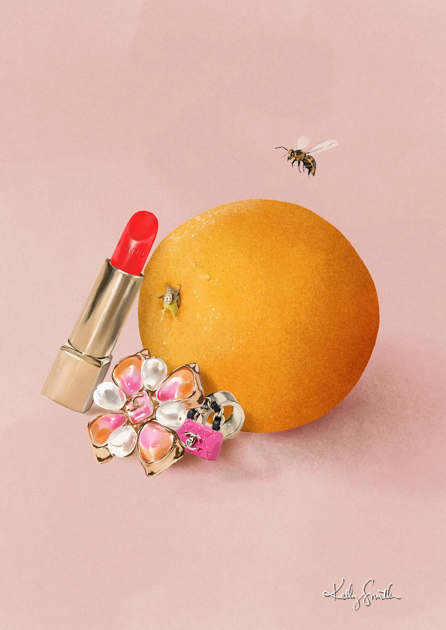 Illustration of an orange alongside Chanel lipstick and jewellery.
