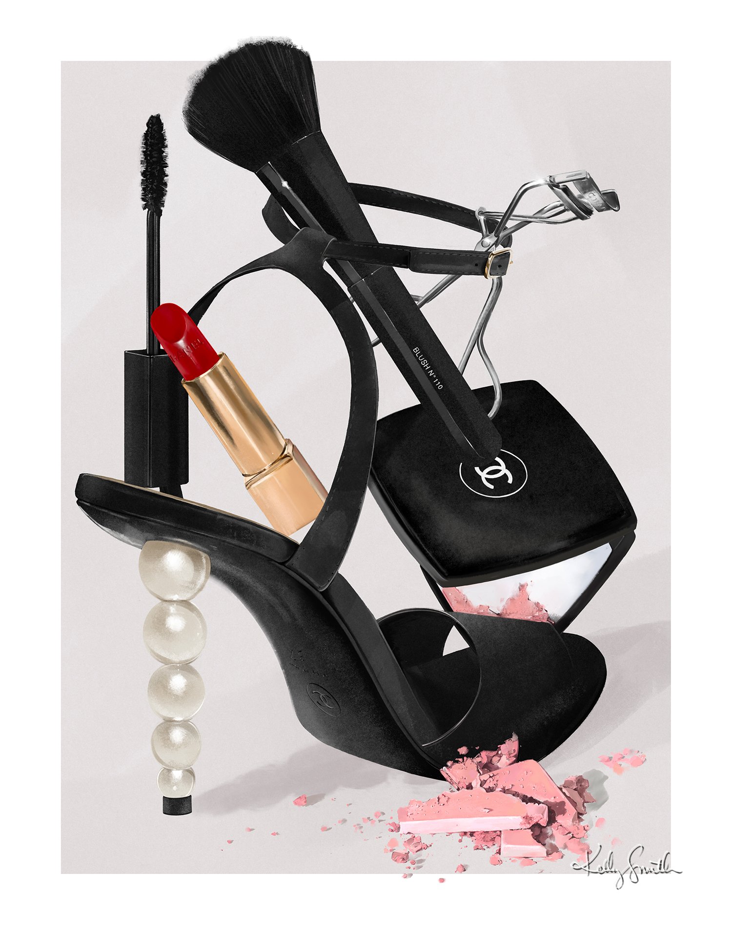 Illustration of Chanel pearl-heeled shoe, surrounded by Chanel beauty products.