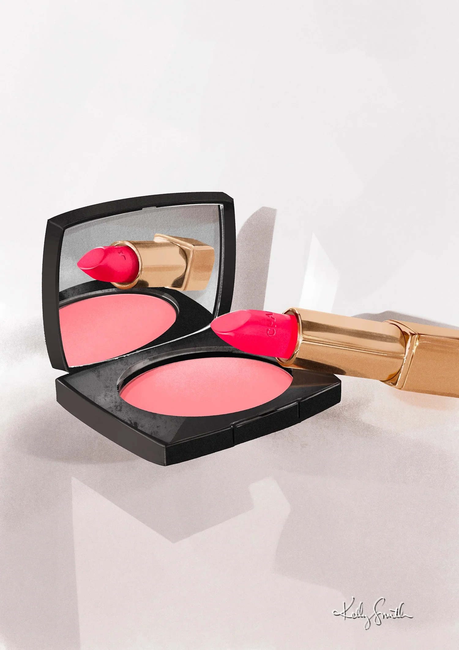 Illustratoion of a Chanel Beauty compact and lipstick.