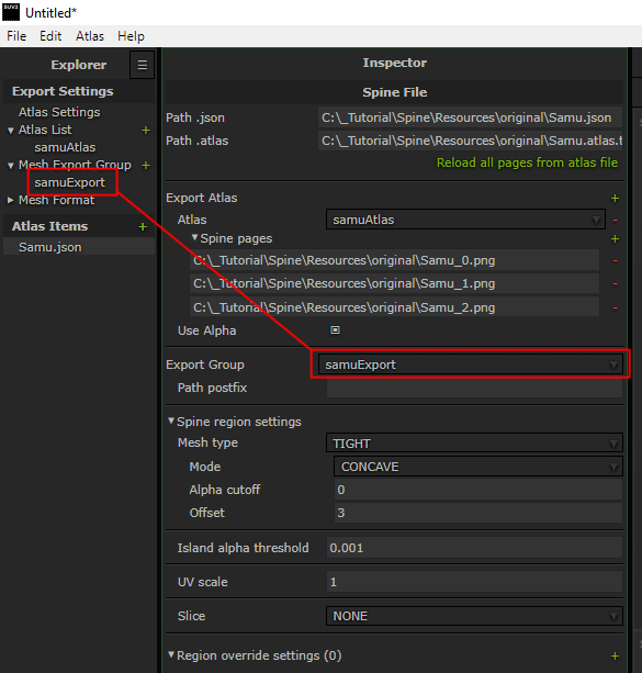 Export Group - Reference to SpriteUV export group settings located in Mesh Export Group