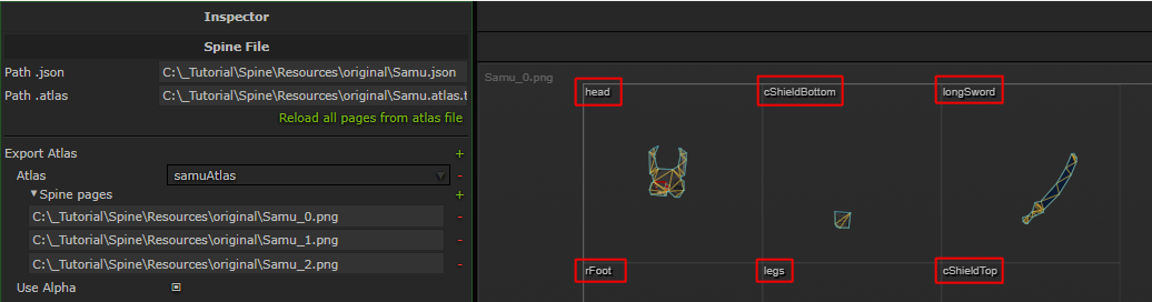 Spine atlas region name is displayed at left top corner of each region bounding box