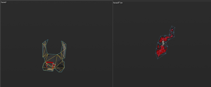 Mesh generated by SpriteUV is indicated as yellow and cyan wireframe. Imported mesh from Spine file, as blue wireframe