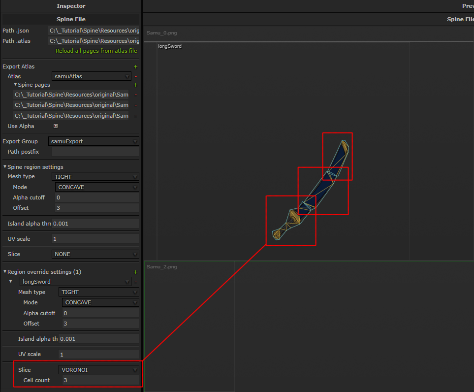 As an example this “longSword” sprite splitted in 3 pieces and each piece will be packed separately. Extremely useful on awkwardly shaped sprites.