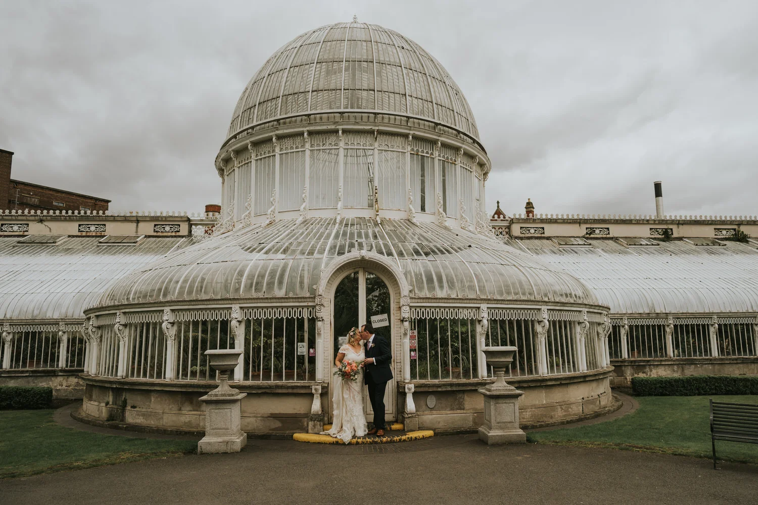 Bride and groom at the Palm House in Botanic Gardens, Belfast