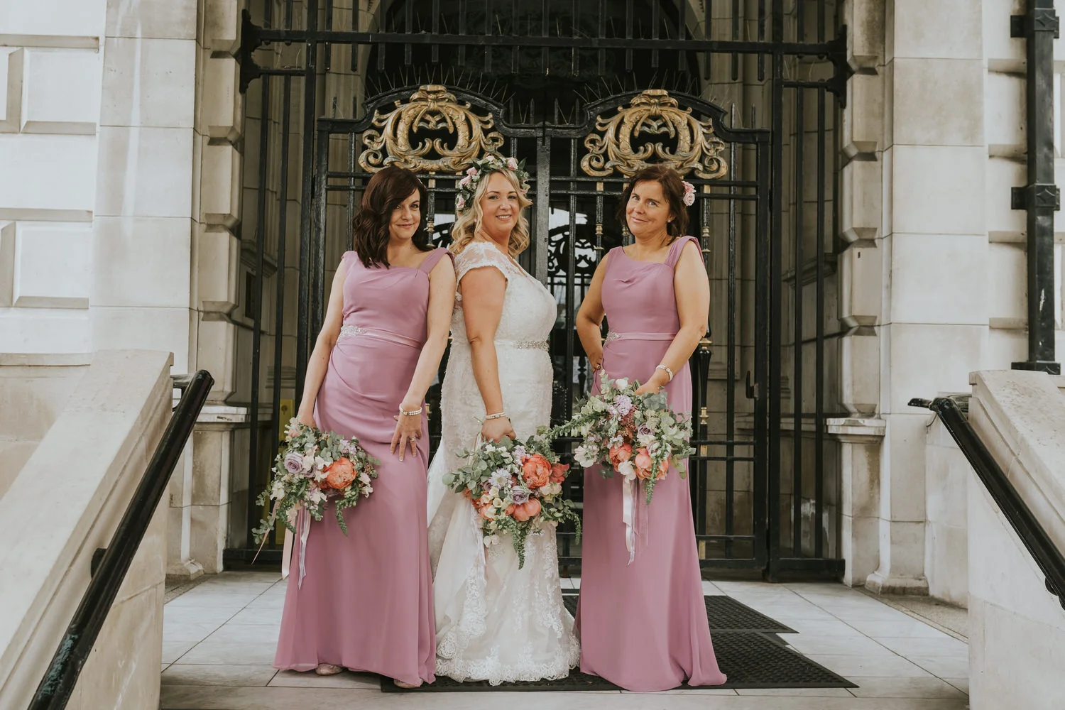 Bridesmaids and bride on a Belfast street near Ten Square Hotel