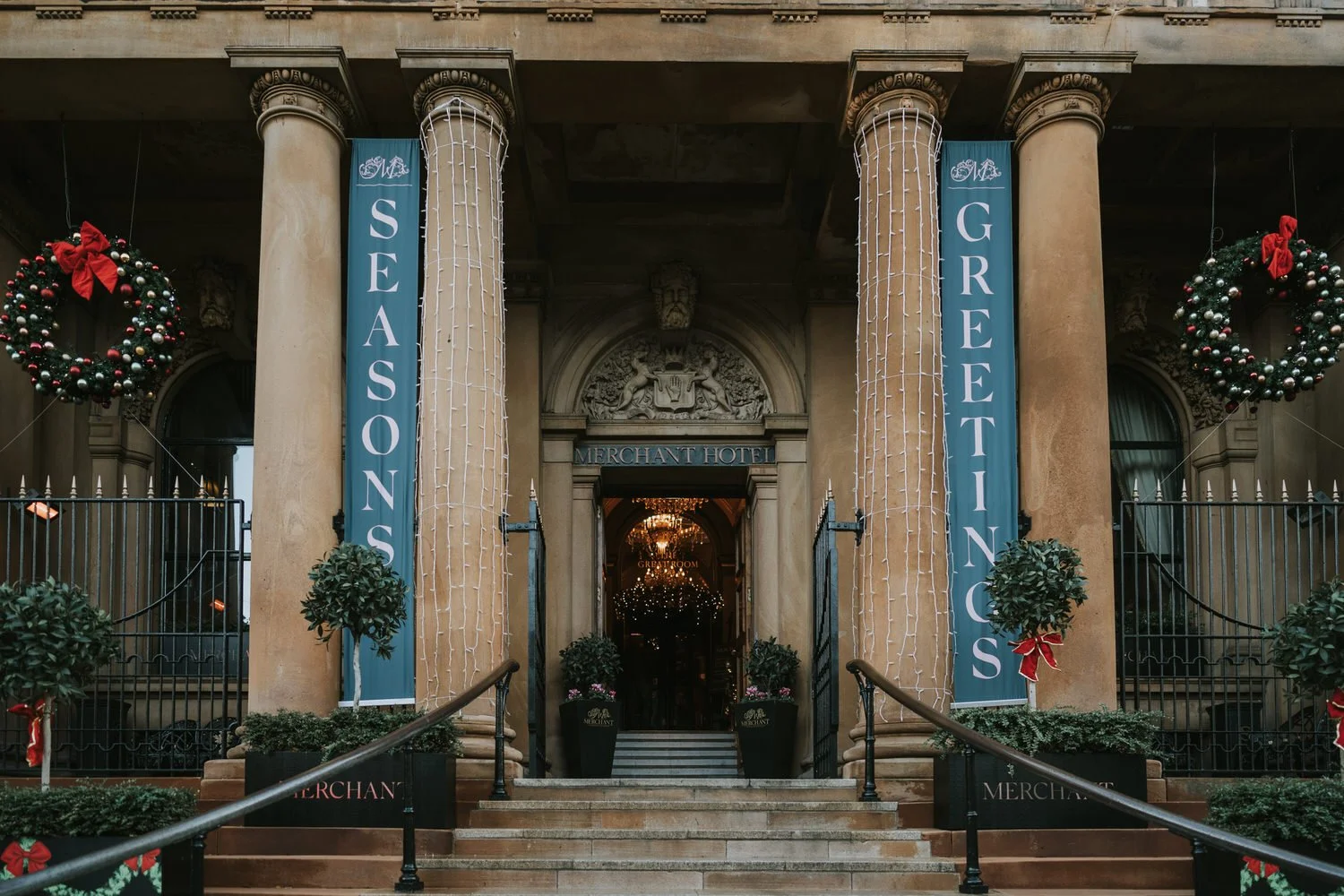 The entrance to The Merchant Hotel in Belfast's Cathedral Quarter, dressed for Christmas