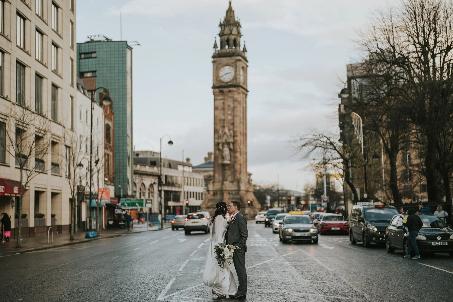 Bride and groom in front of the Albert Clock, Belfast