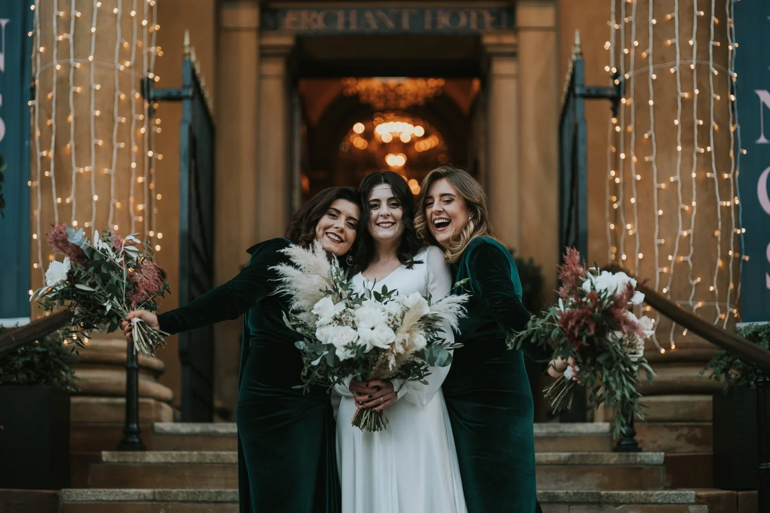 Bride with her bridesmaids on the steps of The Merchant Hotel, Belfast