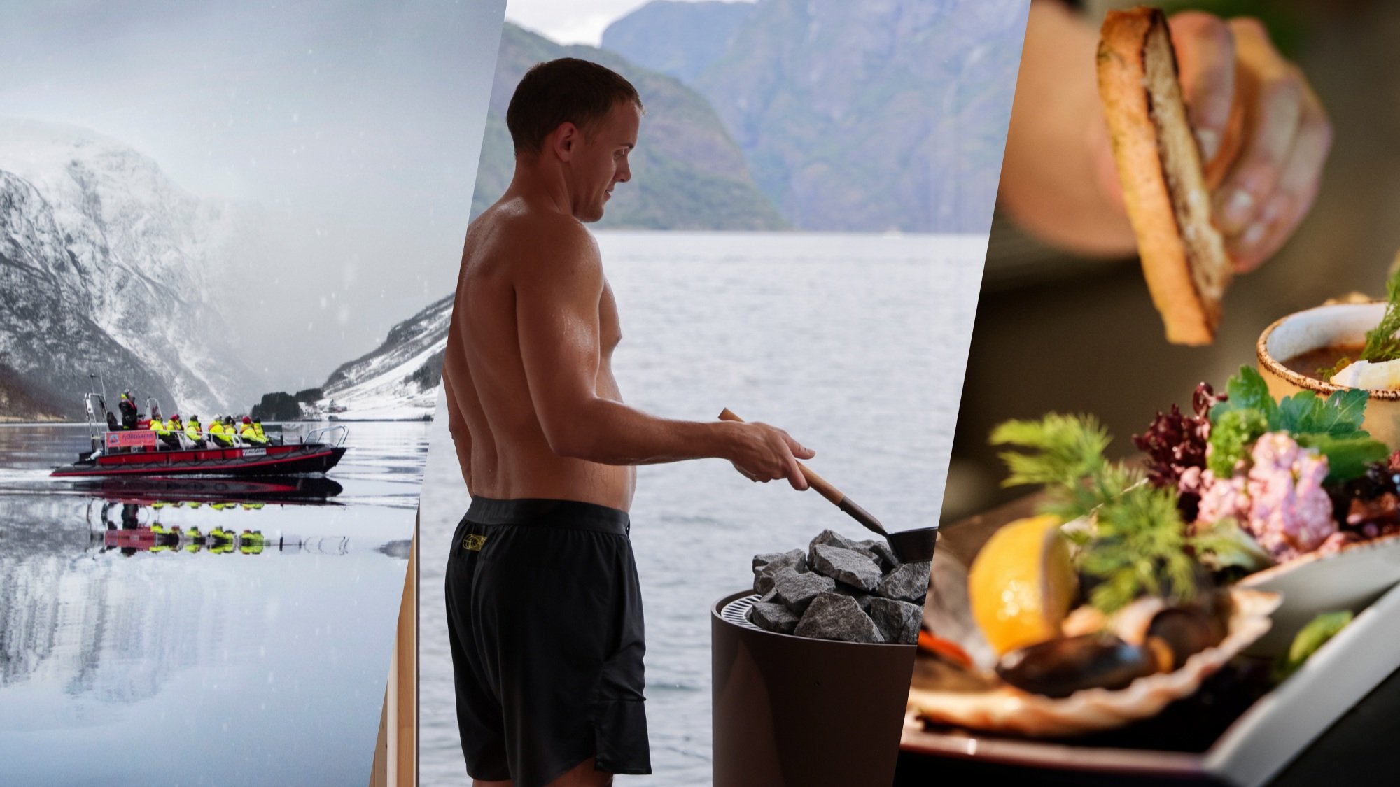En båt som navigerer gjennom snødekte fjorder, et bilde fra den flytende badstuen og en vikinginspirert koselig middag.