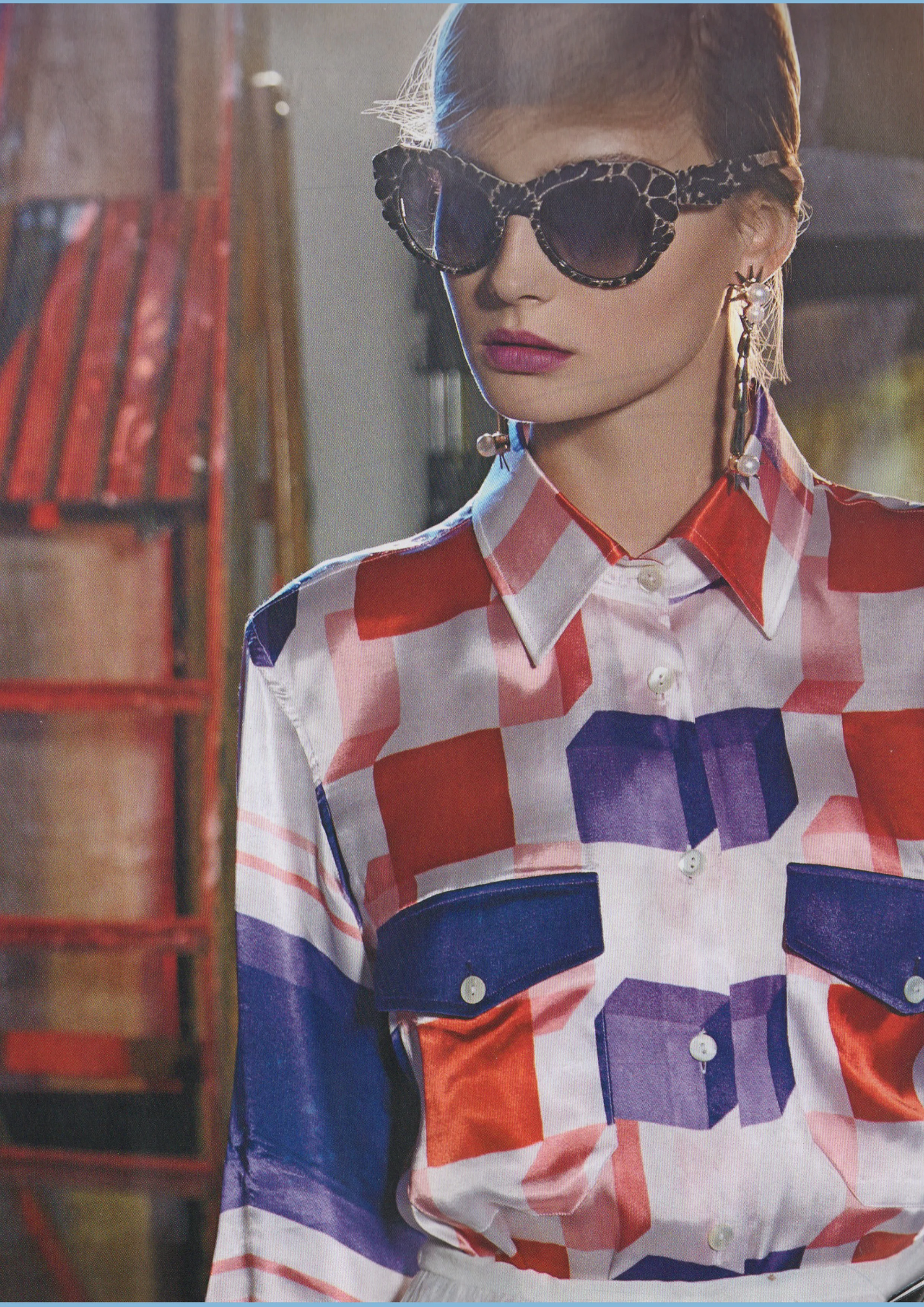 Kittima Geometric shirt with modernist of colorful style in silk on Vogue italia december 2015 issue.