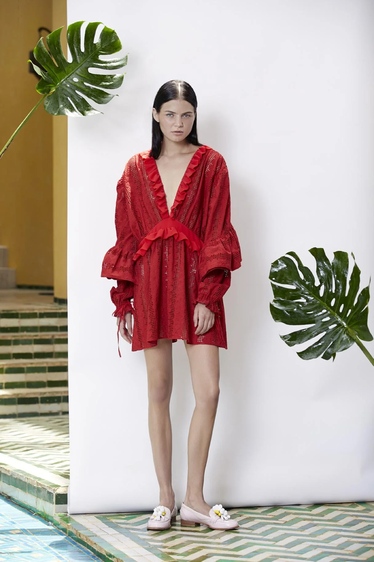 Red Eyelet Cotton Short Dress