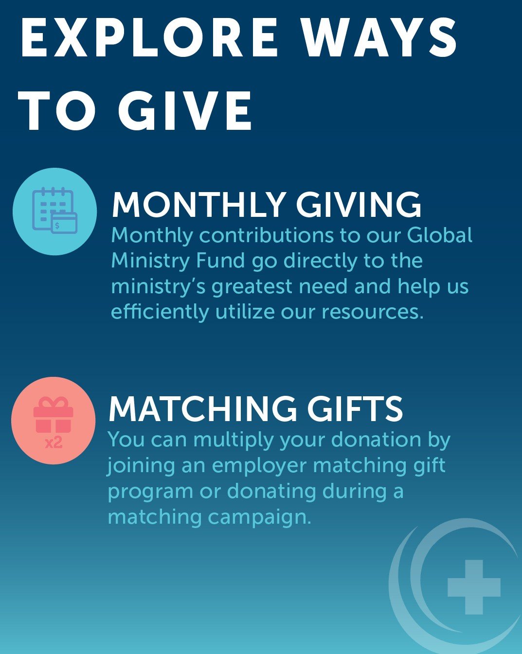 There&rsquo;s More Than One Way to Give ❤️

Your generosity can help provide healthcare for lasting change.

Whether you choose monthly giving, matching gifts, memorial gifts, gifts in kind, planned giving, or foundation giving, there&rsquo;s a meani