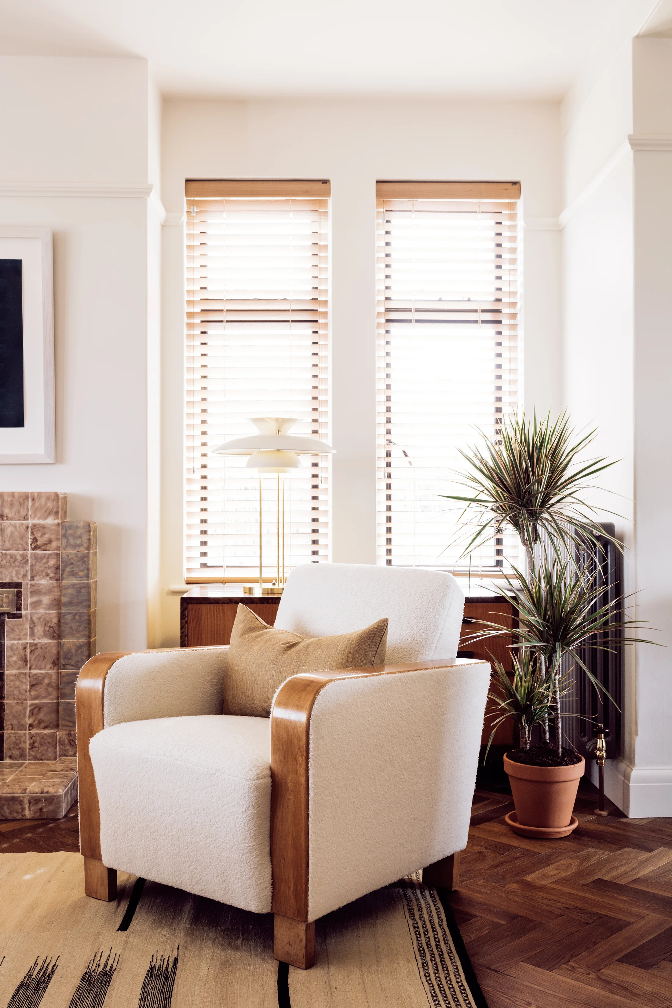 Burchdaume London, Jersey & Guernsey. Living room interior design – 1940’s swedish satin birch armchair in alpaca