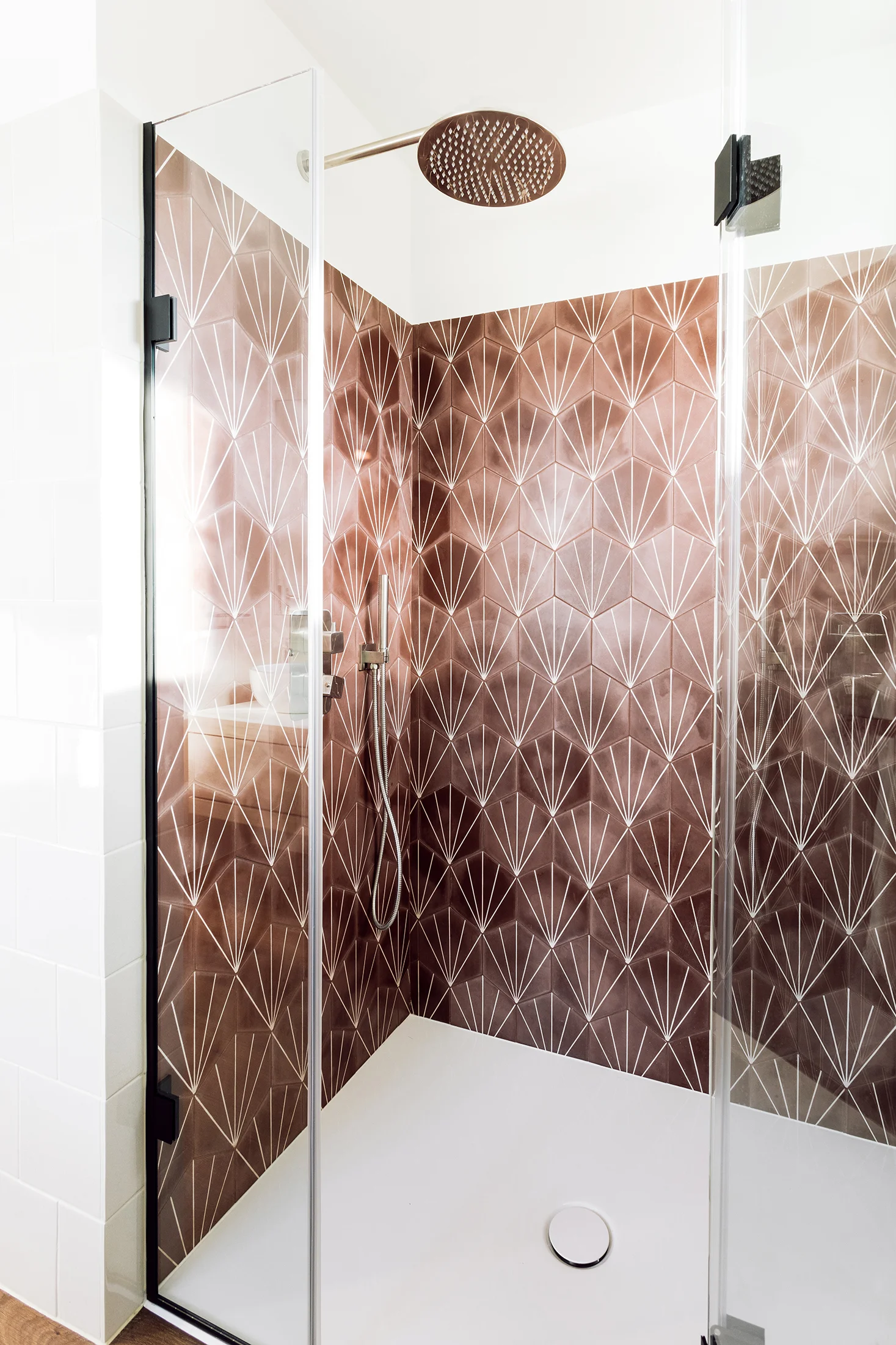 Burchdaume London, Jersey & Guernsey. Bathroom interior design – cement tiles feature shower enclosure