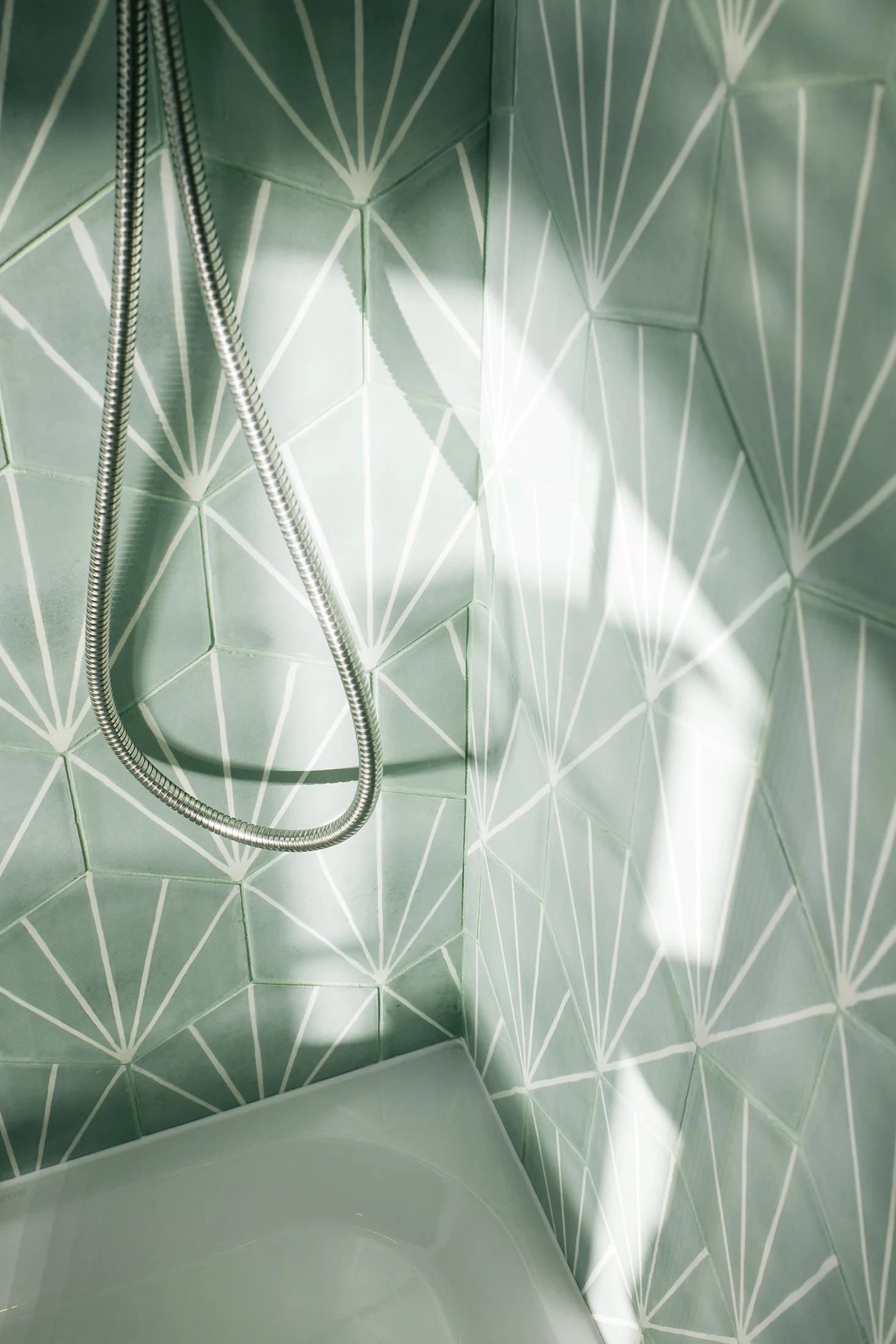 Burchdaume London, Jersey & Guernsey. Bathroom interior design – bathroom celadon cement wall tiles