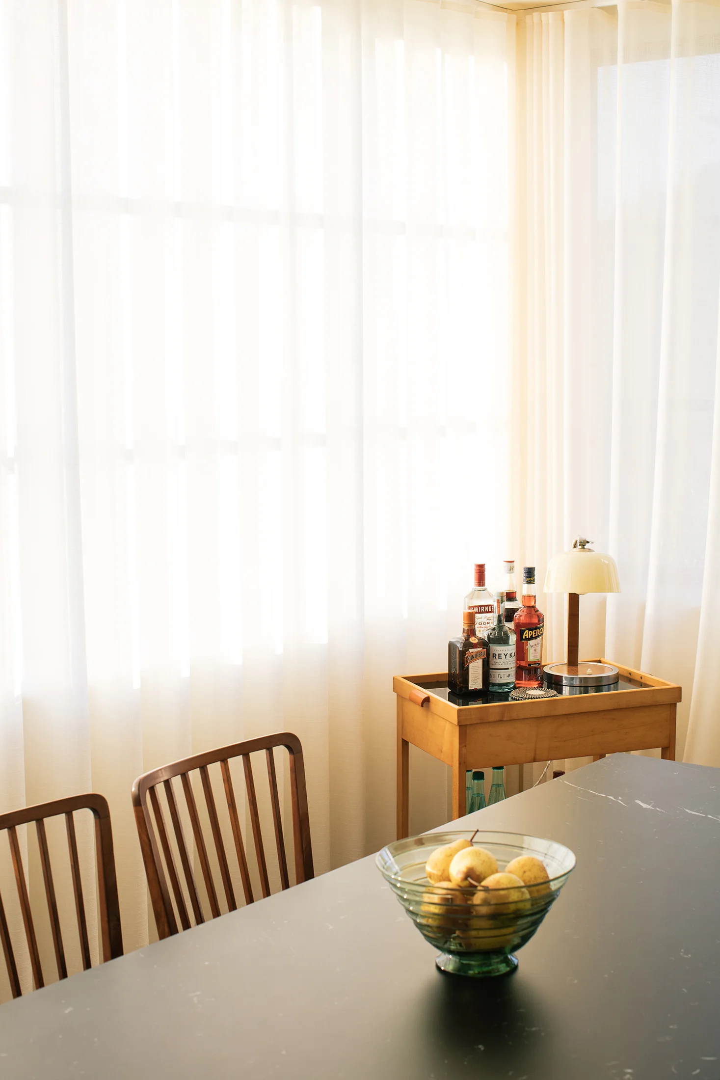 Burchdaume London, Jersey & Guernsey. Mid century interior design – wool sheer wave window treatment, satin birch drinks trolley