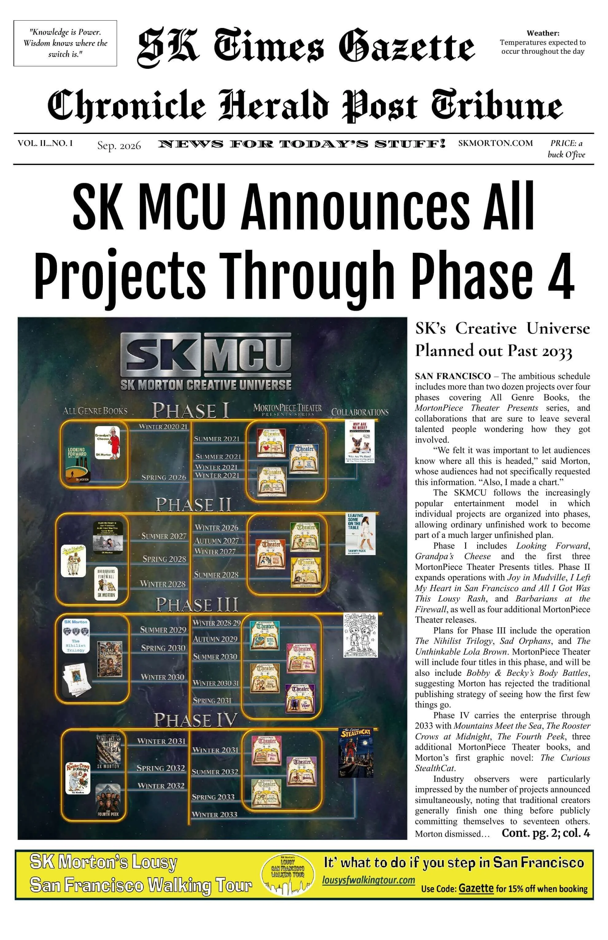Front page of the SK Times Gazette, Vol. II, No. I, September 2026, featuring the headline “SK MCU Announces All Projects Through Phase 4” and a humorous article about SK Morton’s creative universe and projects planned through 2033.