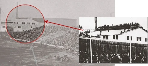 The 10th "Big Game" between Cal & Stanford on Thanksgiving day in San Francisco, 1900.  Twenty-seven died when the roof of the adjacent, Pacific Glass Works at 16th & Folsom collapsed under the weight of an overflow crowd of specta…