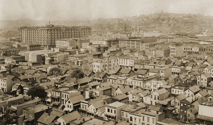 The Palace Hotel stands out from Nob Hill in 1875