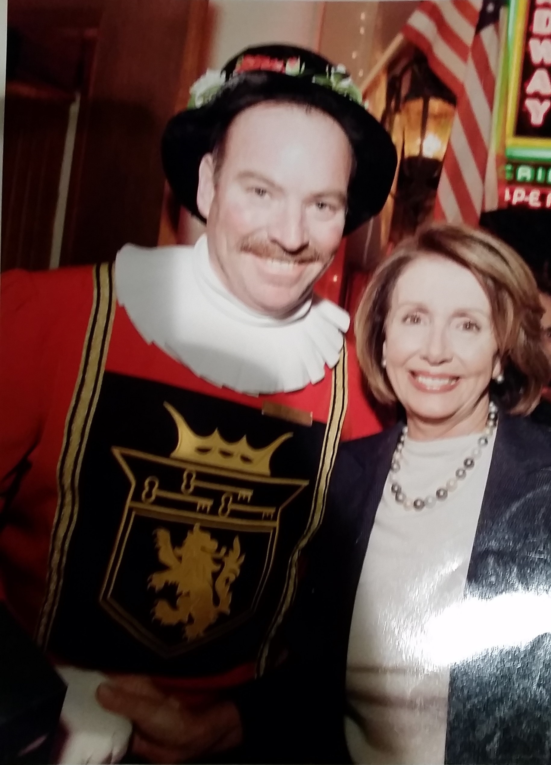 With Nancy Pelosi, trying to look OK with someone putting a drink down without a coaster