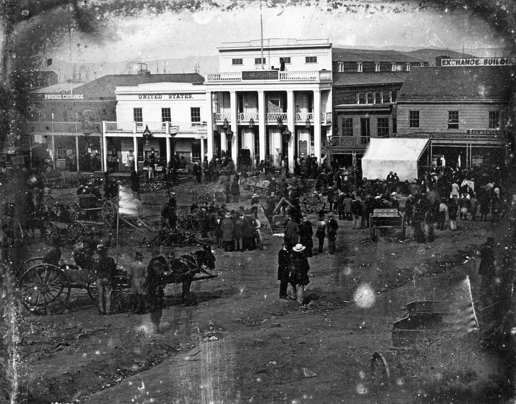 Portsmouth Square 1850. Possibly Sutter in white hat.