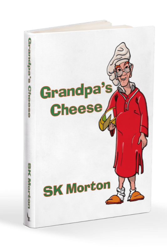 A book titled 'Grandpa's Cheese' by SK Morton, featuring a cartoon illustration of an elderly woman in a red dress, glasses, and a white headscarf, holding a block of cheese.