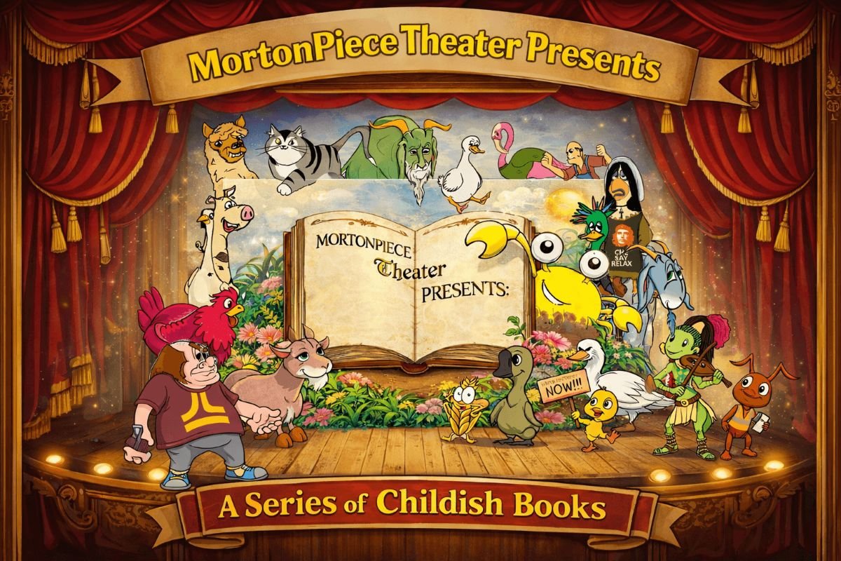 Promotional artwork for MortonPiece Theater Presents, a series of humorous children's books by SK Morton, featuring illustrated storybook characters on a theater stage around an open book.