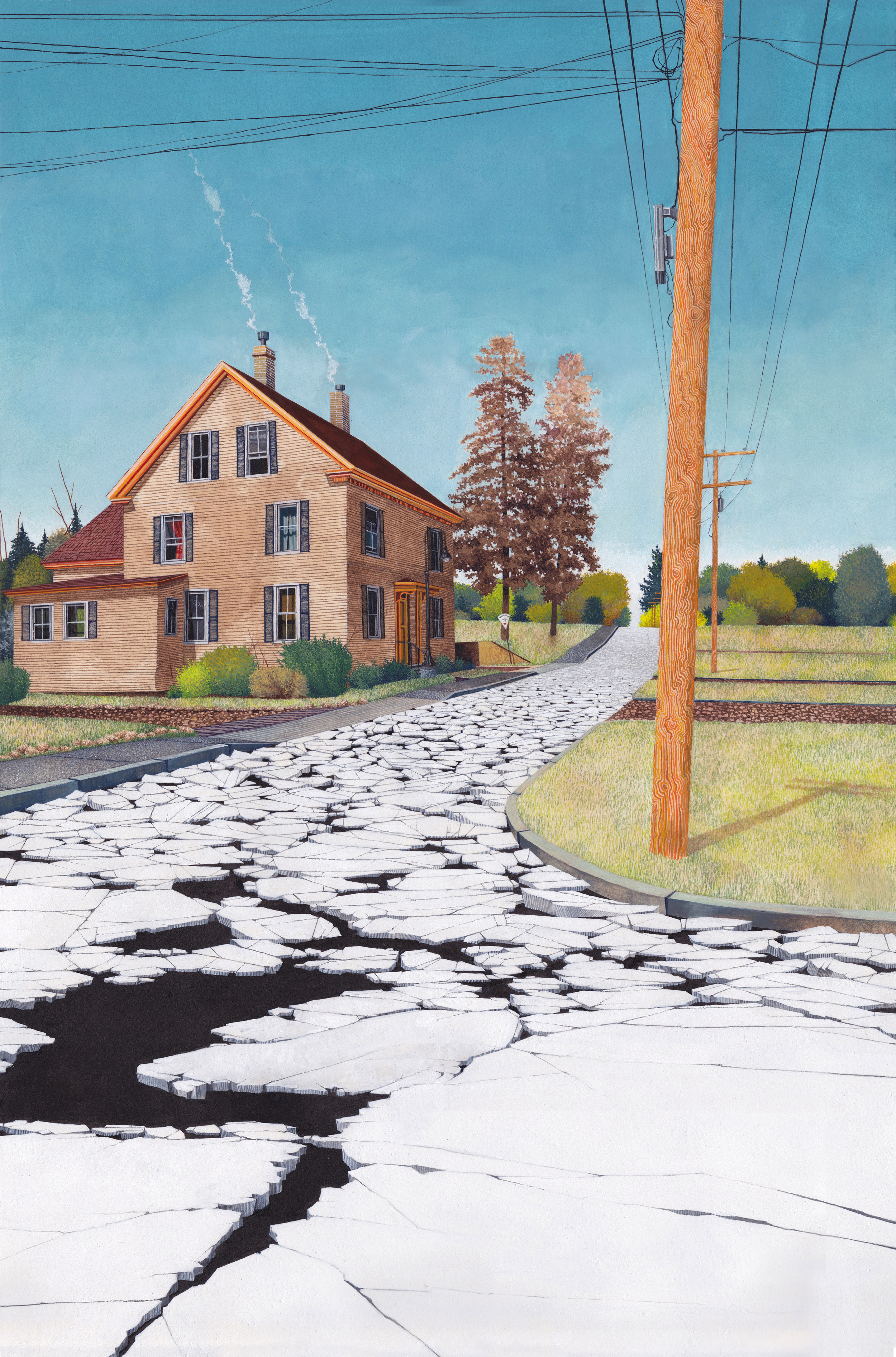 New Normal , gouache and ink on paper, 12" x 18" 2015. First there was coal, then steam, electricity, petroleum, nuclear fission, wind, solar, and hydraulic fracturing… With fuels we constructed things: rails to move trains, roads to drive cars, planes to traverse oceans. We built buildings taller and moved pluming indoors. Our bodies adopted pacemakers, hair extensions, silicone implants, prosthetic limbs, contact lenses, and grilled-teeth. We discovered new tools to kill ourselves and found a thousand different ingredients to cure a hundred various diseases. Crops were engineered to grow larger while liposuction and lap-bands kept our waistlines in-check. We invented disposable cups that take millennia to decompose and wrap everything from snack food to dog poop in plastic bags. The Western world has learned to shape the resources of our planet to humanities’ liking. We can break matter down to its smallest components and rebuild it to synthesize materials malleable to any task. This series reflects upon the odd and often unsettling ways land is reconfigured to sustain our current volume of industry production. Whether it be trash churning in the oceans or farmland scorched in the name of better wireless service, each scene illustrates the incompatibility of modern conveniences and the health of our ecosystem.