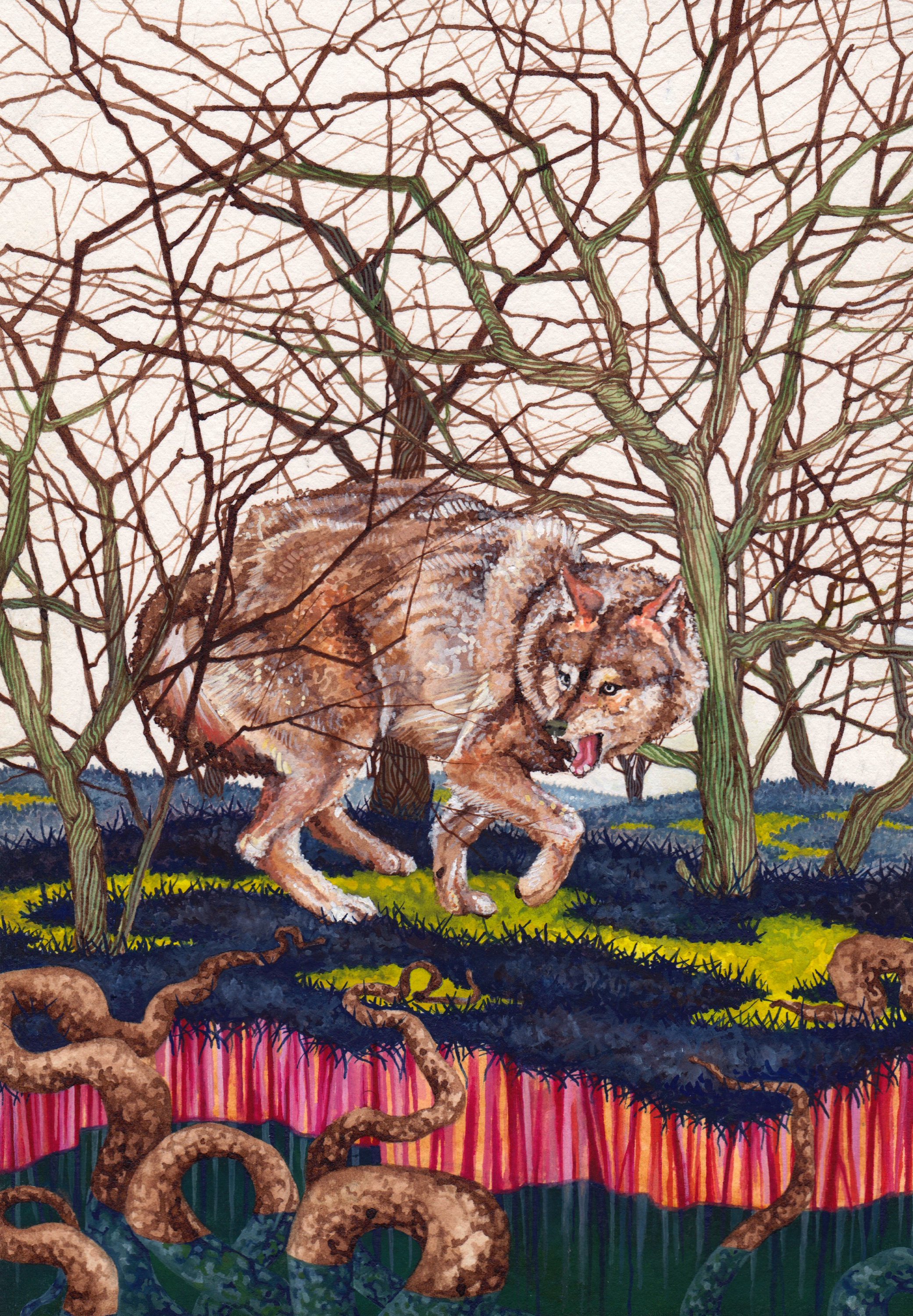 Making Friends, ink and gouache on paper, 7"x10" 2014.