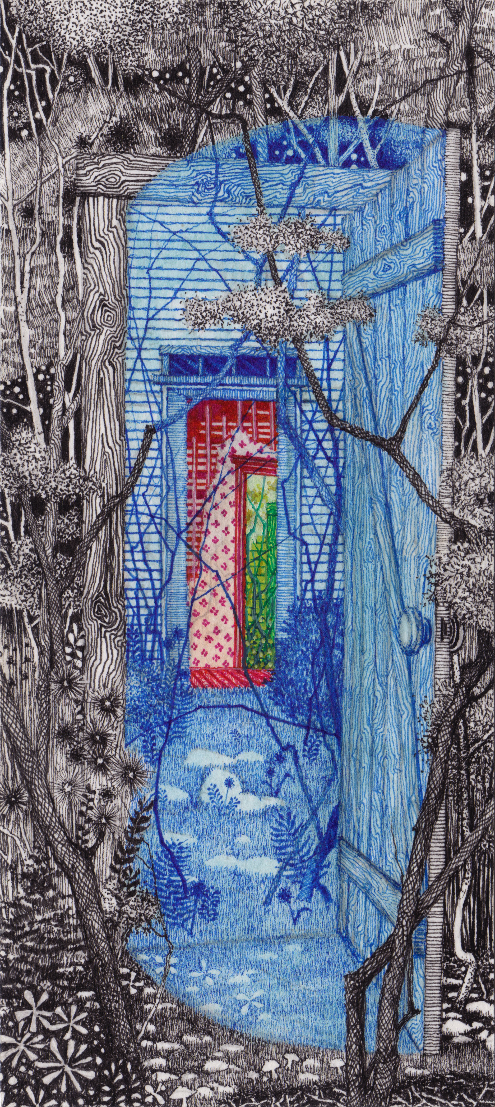 House of Mirrors, gouache and ink on paper, 7" x 3" 2015. 