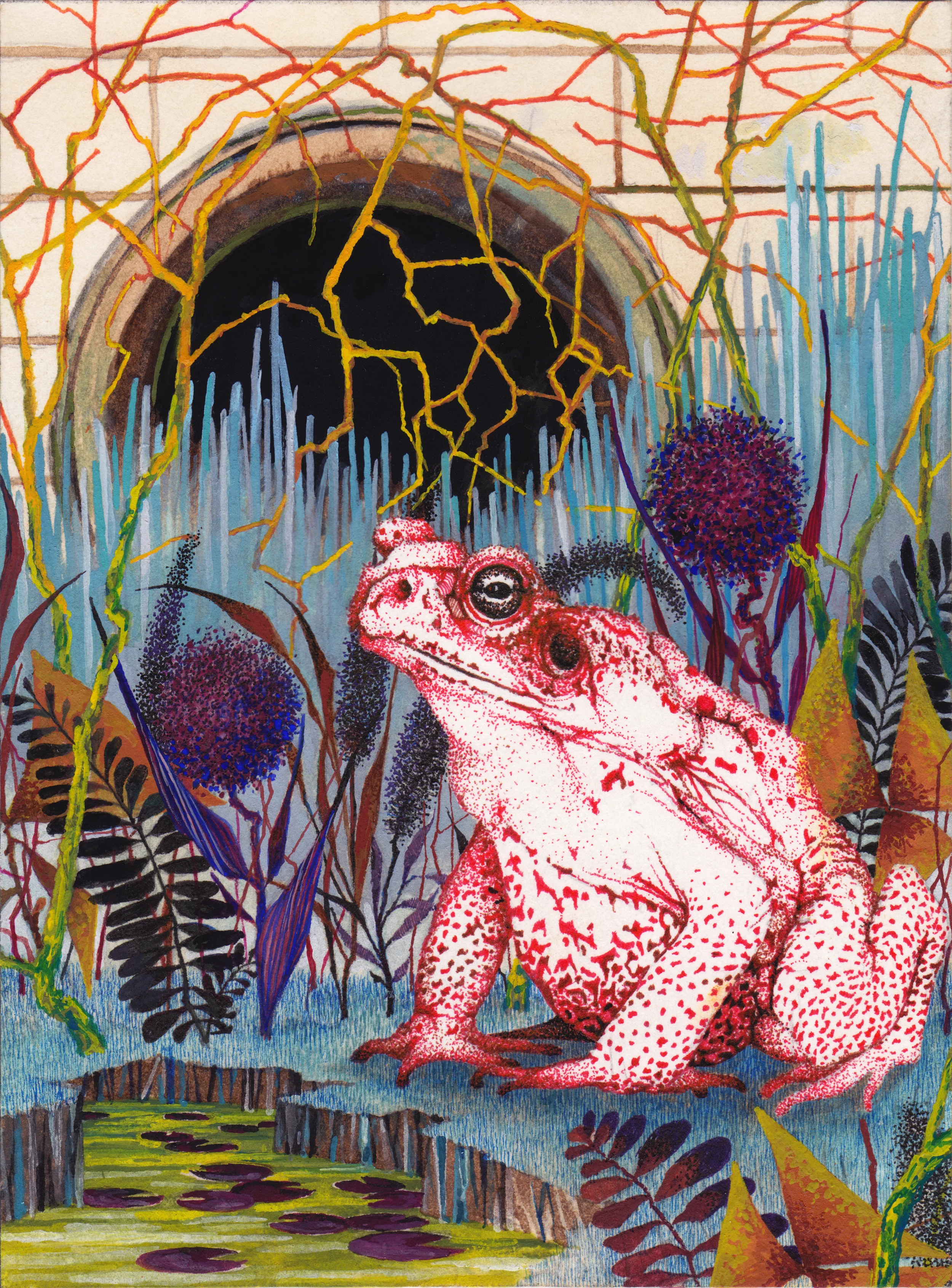 Toad Alone, gouache and ink on paper, 6" x 4.5" 2016.
