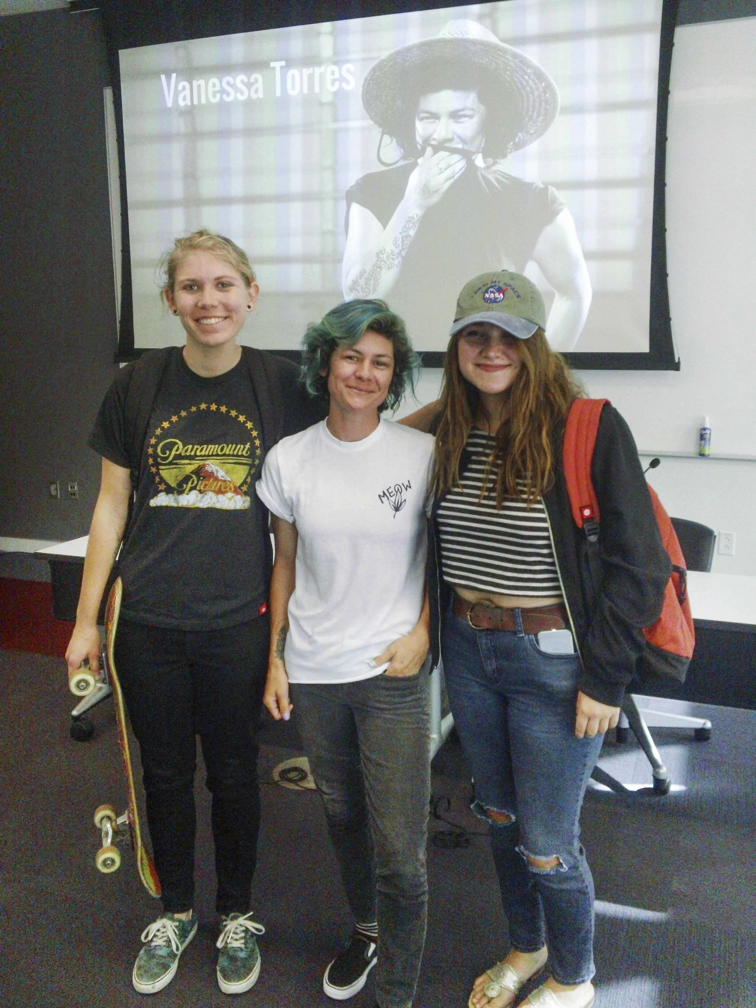 Vanessa Torres with USC's ASCJ 420 Skateboarding and Action-Sports Student Hannah Bowers and Chairman of the Board and alum, Megan Webster.