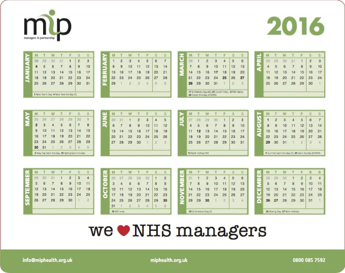 The 2016 MiP calendar mousemat we'll be mailing to MiP members and stakeholders with the Christmas issue of Healthcare Manager.