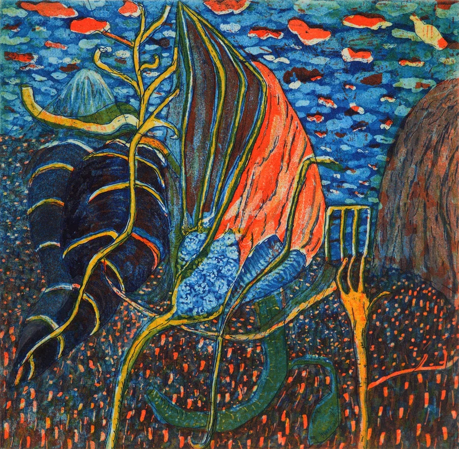 Tara Sabharwal 9-Dens-rain, 2012 3 Color plate etching 6.5"x6"