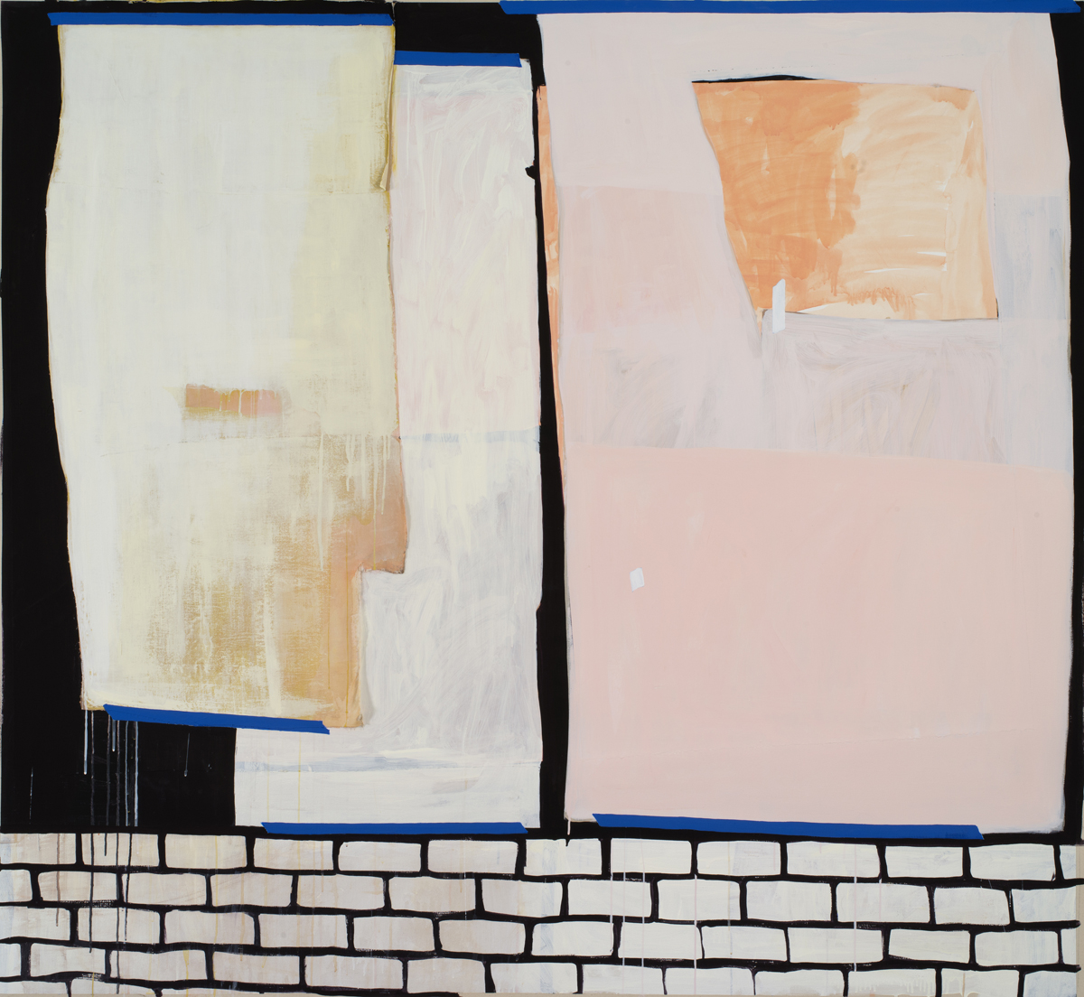 Lizzie Scott Storefront #1, 2013 Flashe, paper, and muslin on canvas 74" x 81"