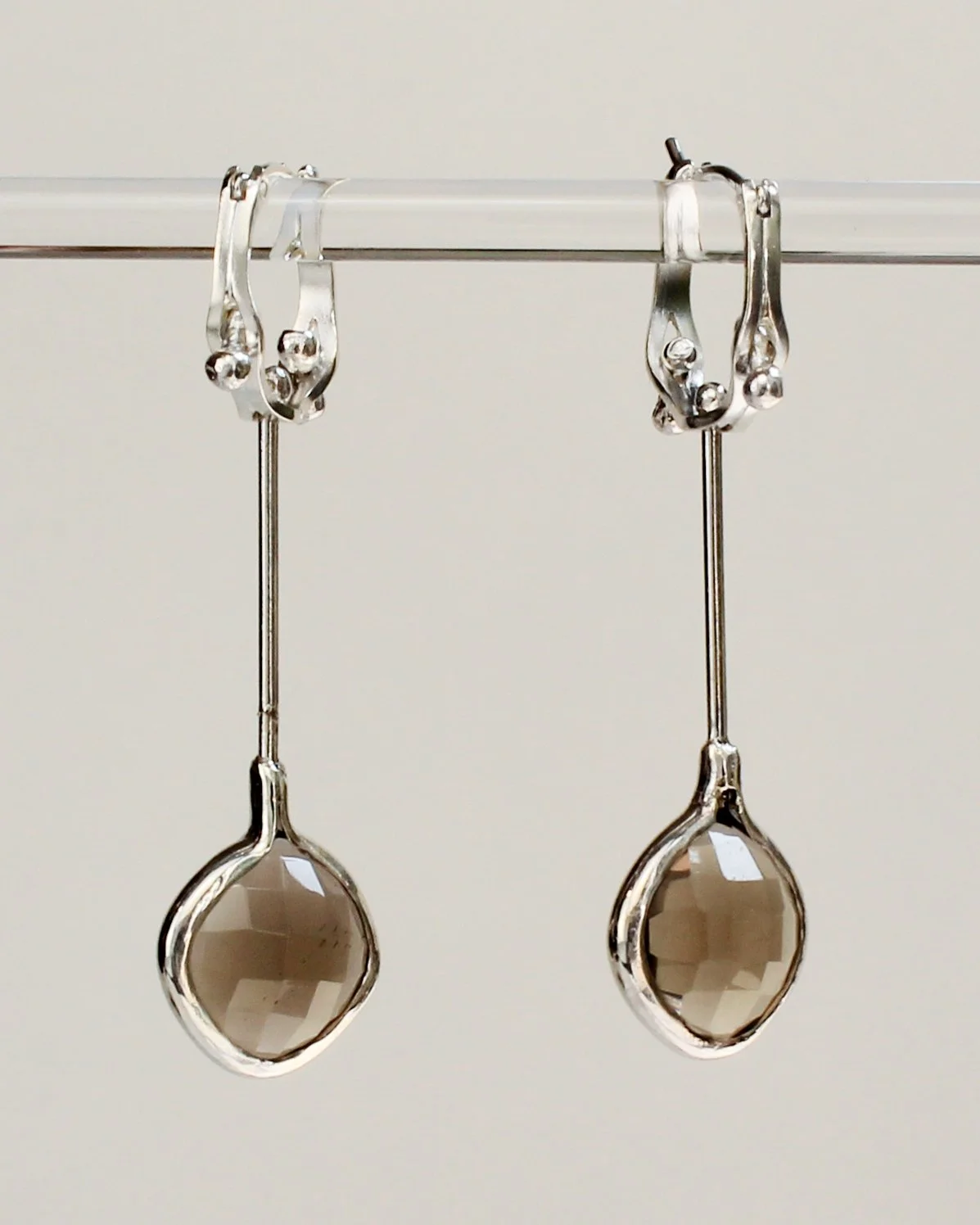 Smoky Quartz Wavy Hoops (Square Cushion Checker)
