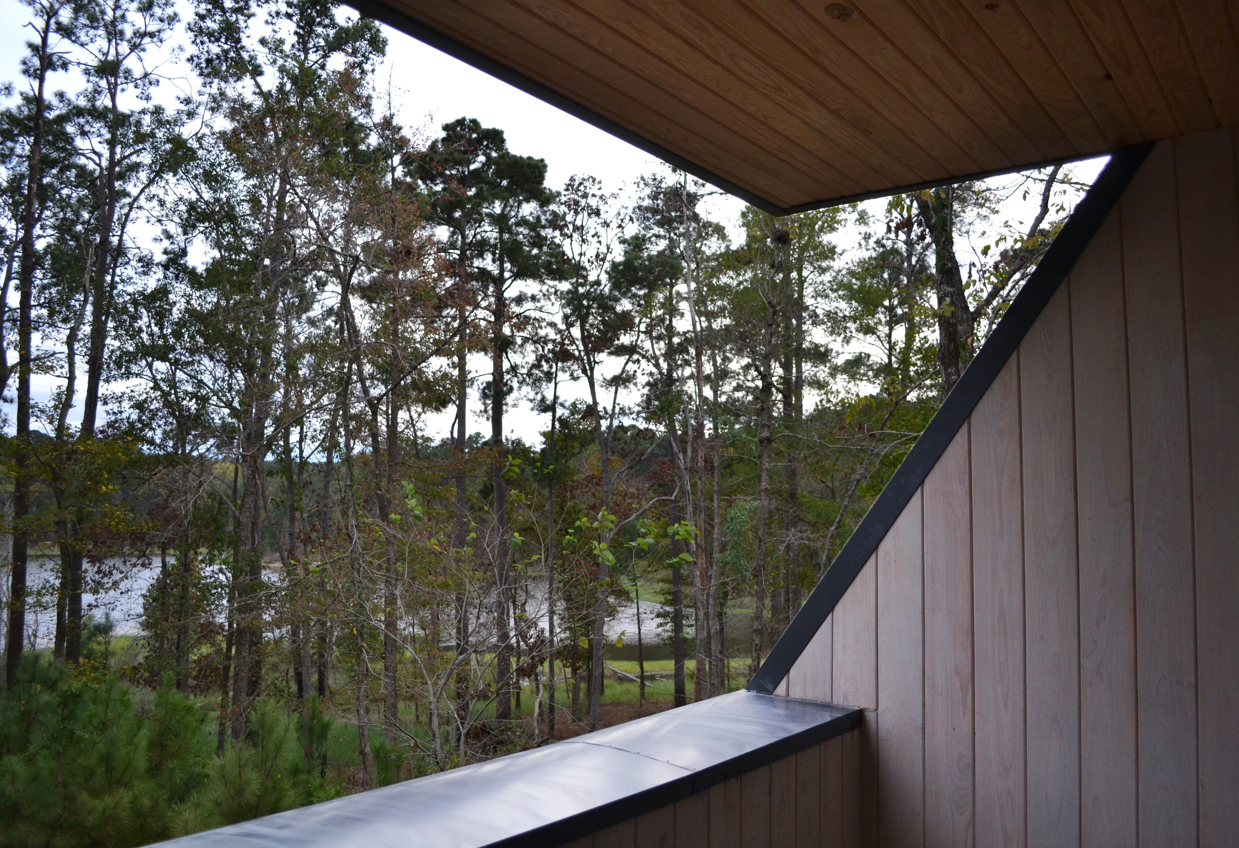 View of the woods and lake from the master bedroom balcony.