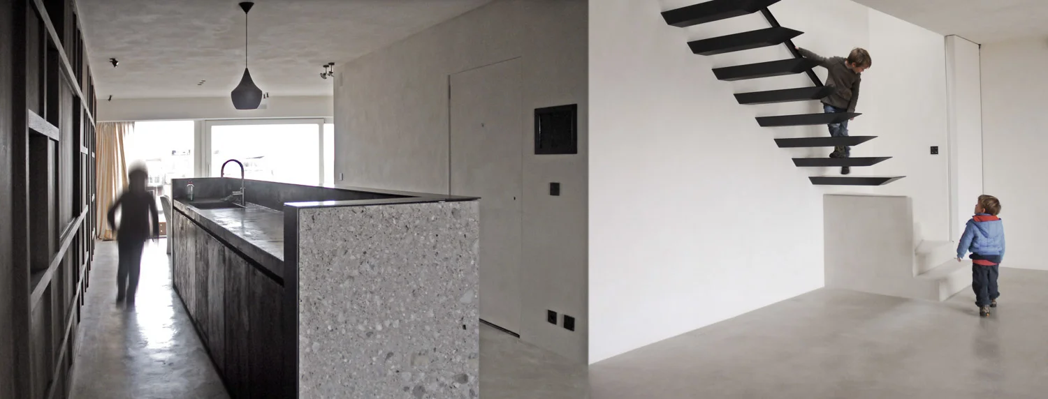 vloer : Stuc&Stone kalkglanspleister
keukentablet en kastdeuren : Stuc&Stone kalkglanspleister
muren en plafond : Kleifinish