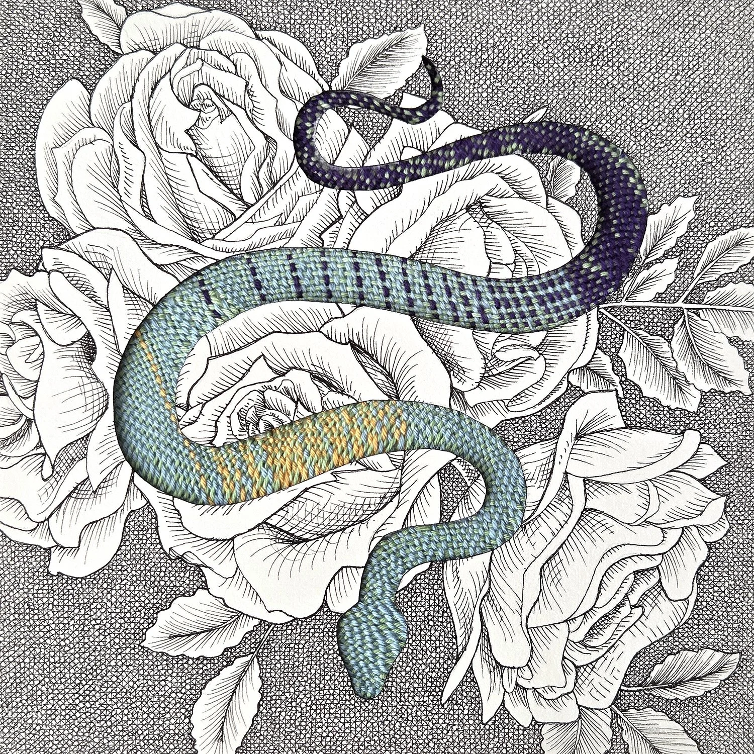 "Woven Snake"
embroidery on cotton
ink on paper