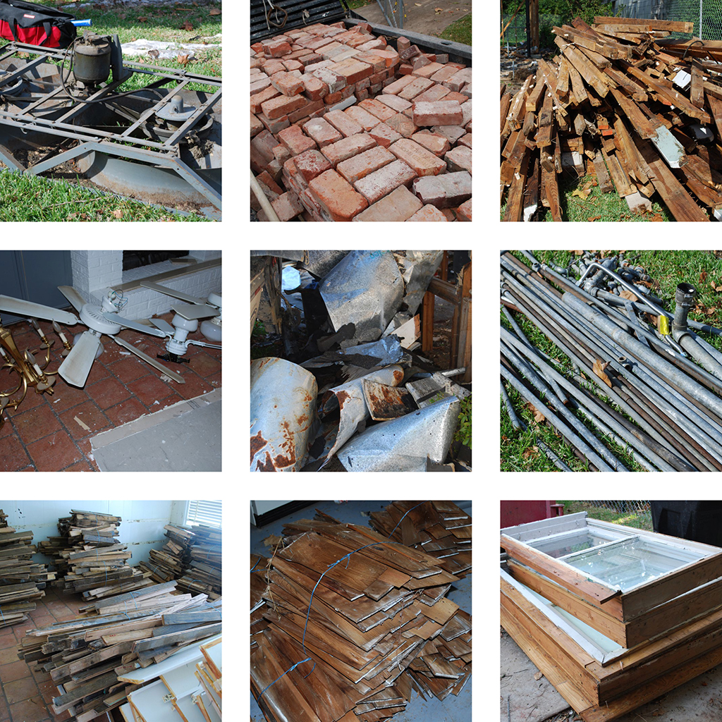 Salvaged building materials from original ranch-style home