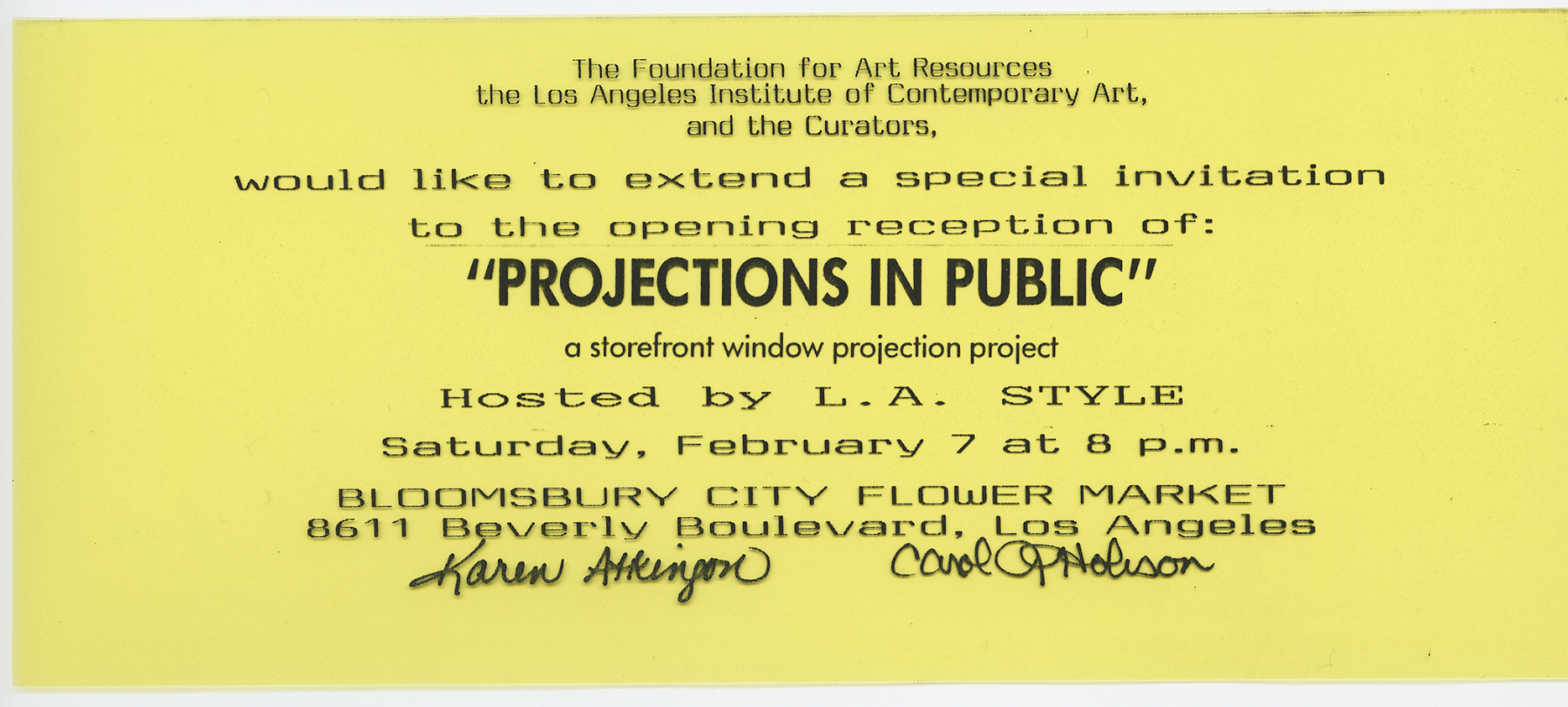 Projections in Public: Los Angeles Invite to Opening Reception (clear acetate)