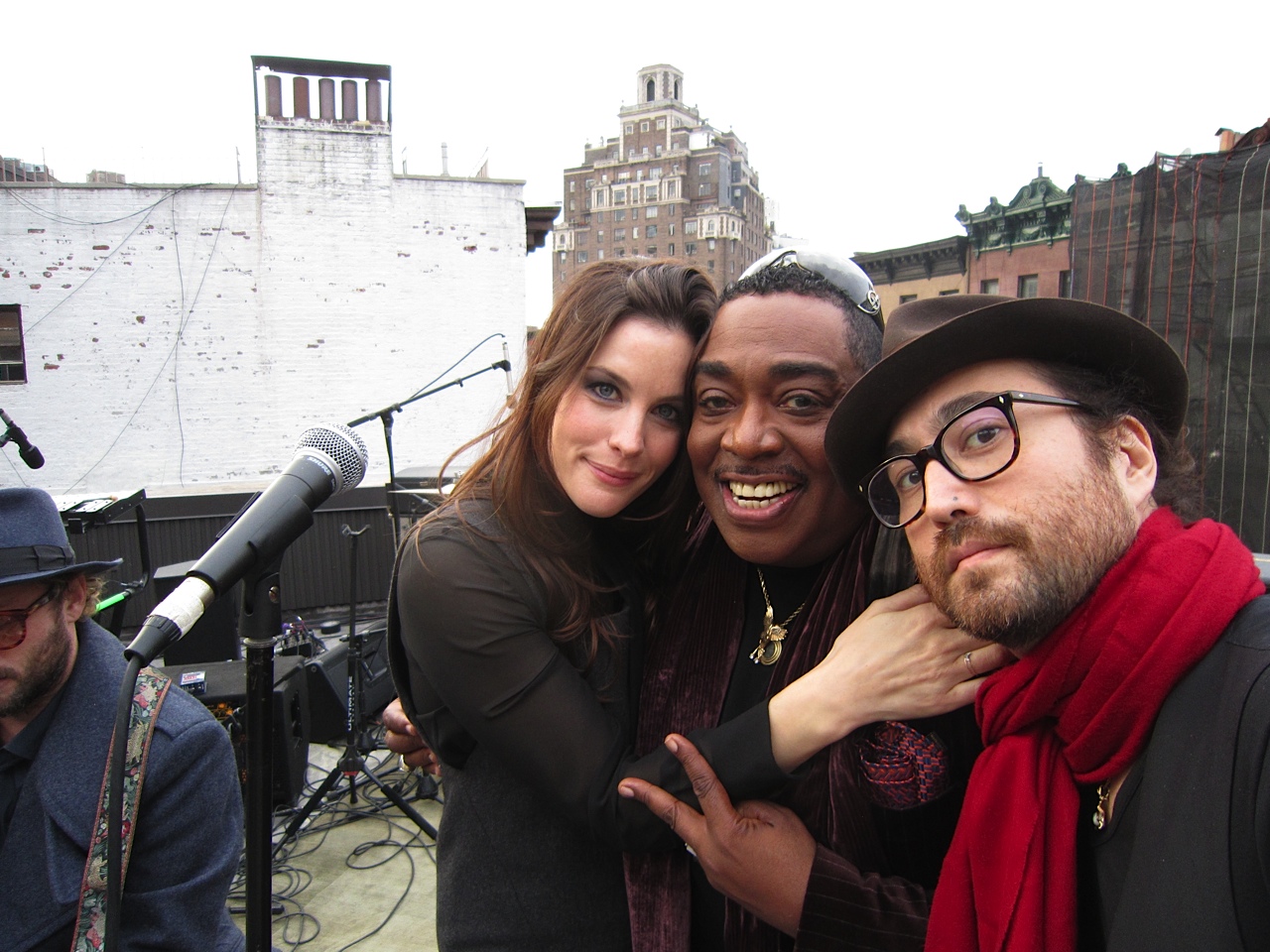 Actress Liv Tyler, Kenn Hicks, and Sean Lennon on the roof of the famed Electric Lady studios