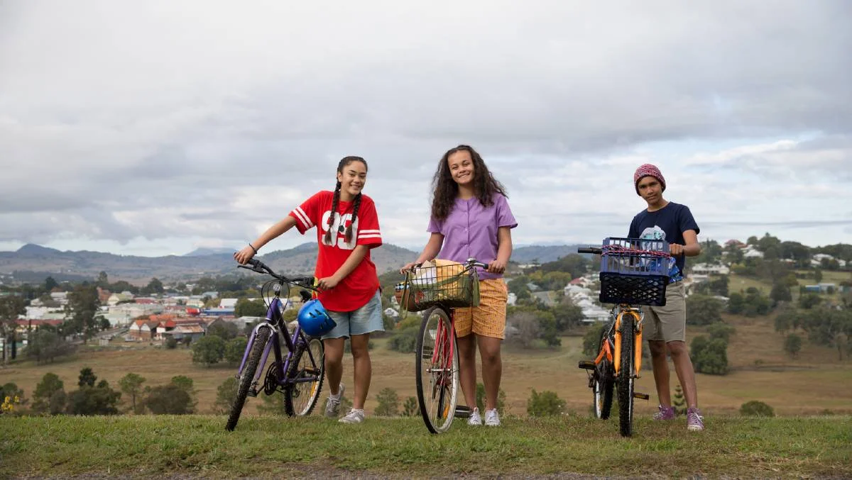 Mairehau Grace, Kyliric Masella and Tjiirdm McGuire at Boonah in a scene from Episode 1 of Grace Beside Me. photos supplied by Magpie Pictures, Production Stills by Julian Pancetta.