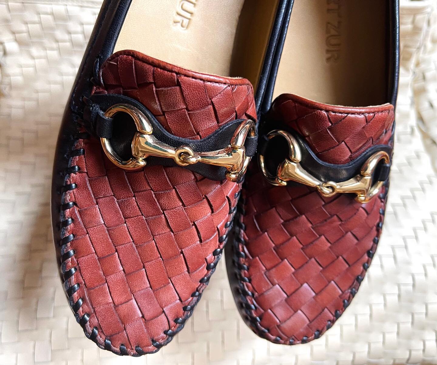 A classic wardrobe staple: Two tone Perlata loafer with lustrous gold bit.