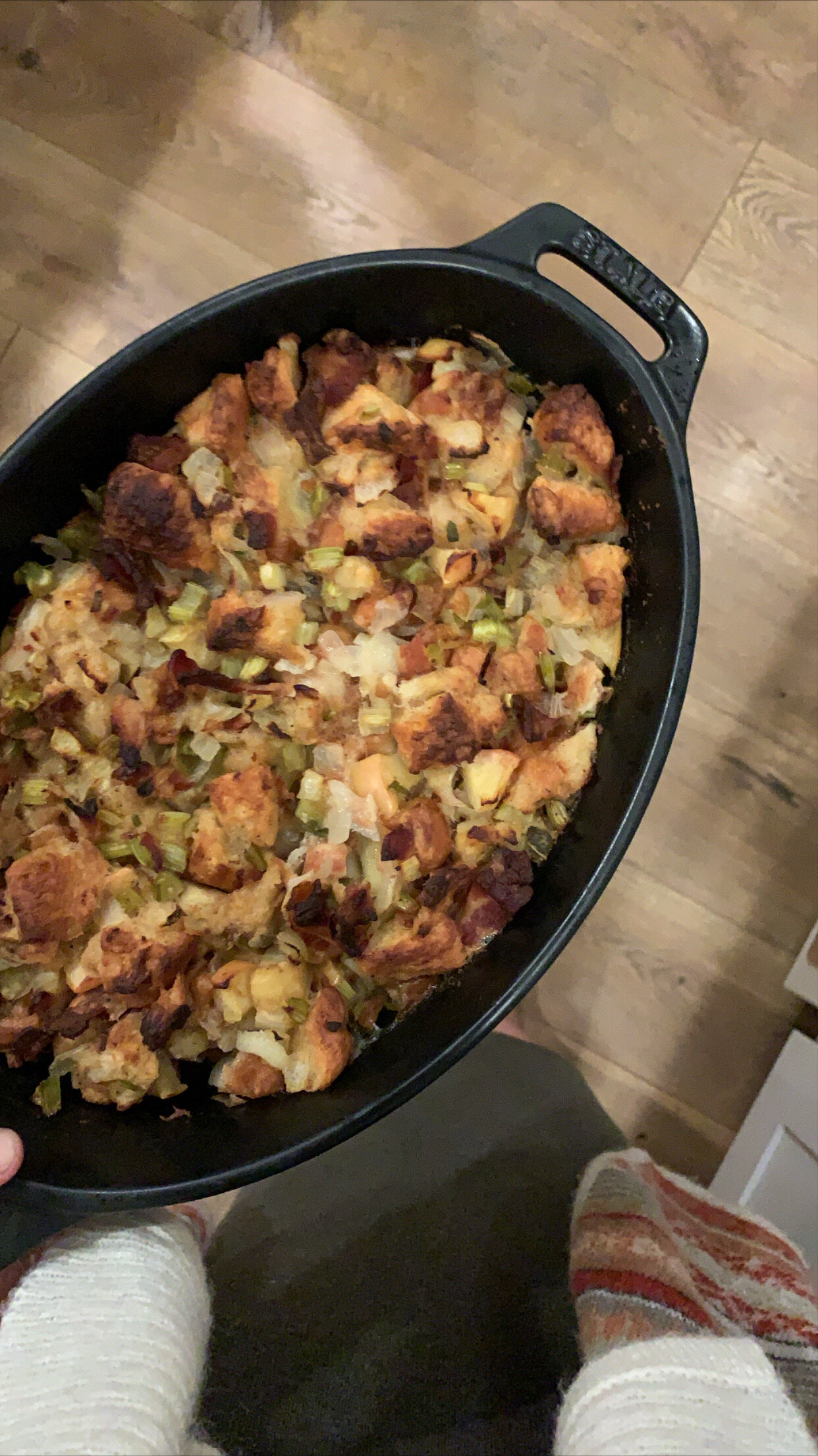 Stuffing is by far my favorite part of Thanksgiving dinner. Who doesn’t love a savory baked bread casserole? There’s a catch though, I really dislike sausage, and many stuffing recipes include sausage in them. I can pick through a sausage filled stuffing, but my favorite kind is made without it. 