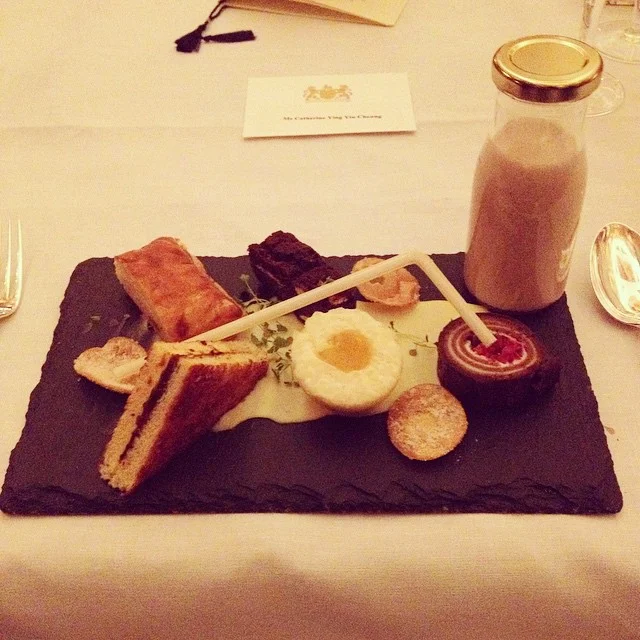 Included rice pudding, strawberry milk, and chocolate nougat cake.